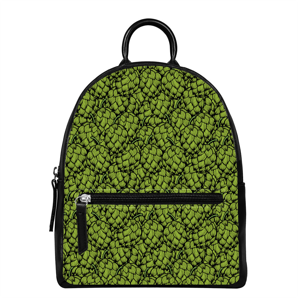 Green Hop Cone Pattern Print Leather Backpack