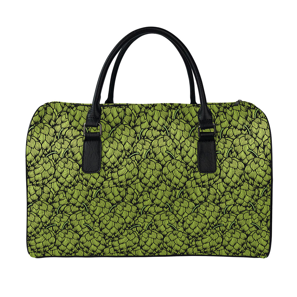 Green Hop Cone Pattern Print Leather Duffle Bag