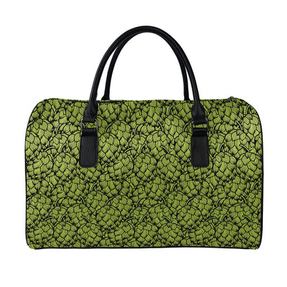 Green Hop Cone Pattern Print Leather Duffle Bag
