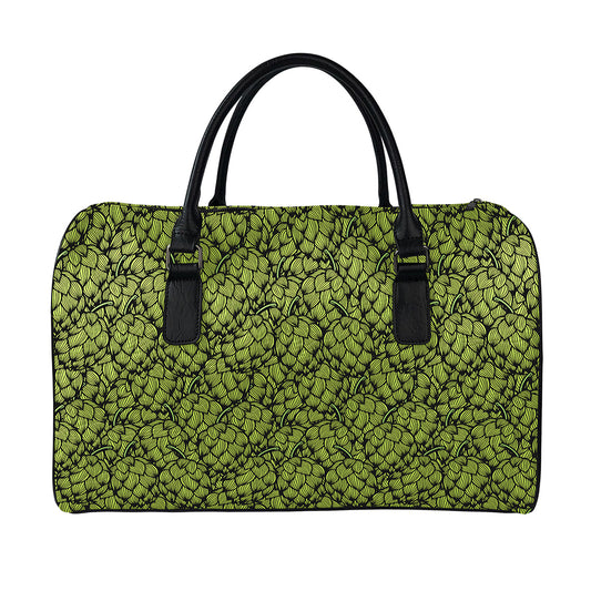 Green Hop Cone Pattern Print Leather Duffle Bag