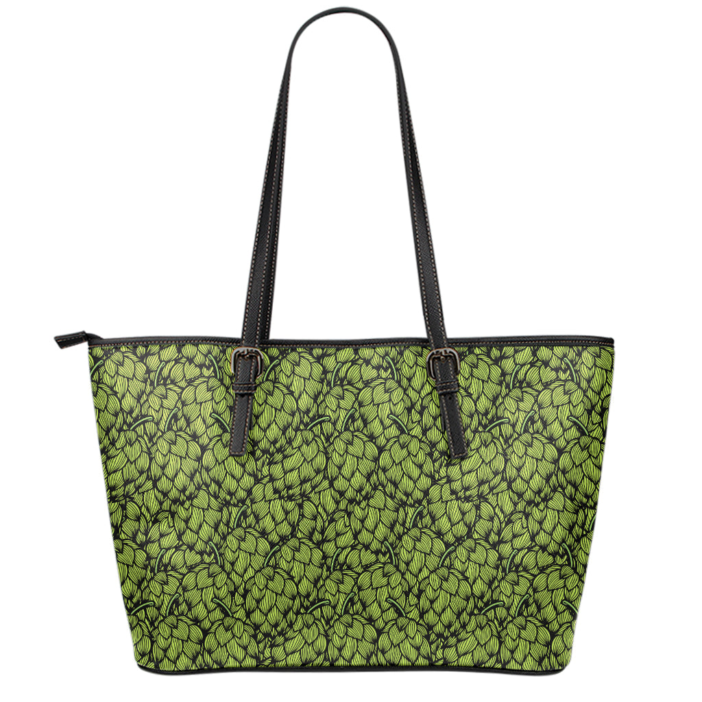 Green Hop Cone Pattern Print Leather Tote Bag