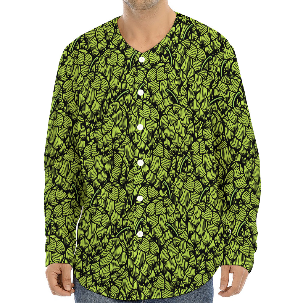 Green Hop Cone Pattern Print Long Sleeve Baseball Jersey