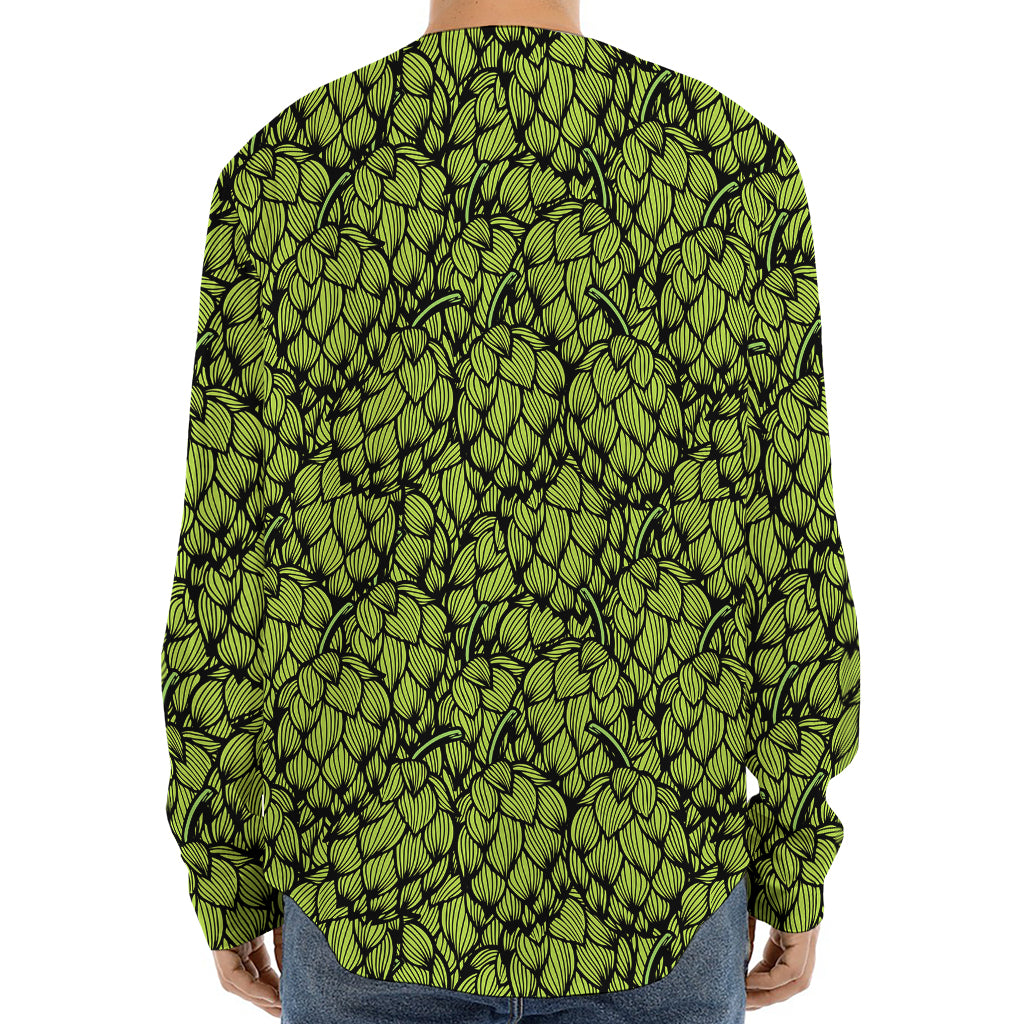 Green Hop Cone Pattern Print Long Sleeve Baseball Jersey