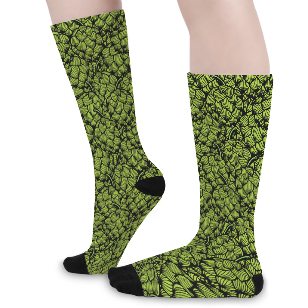 Green Hop Cone Pattern Print Long Socks