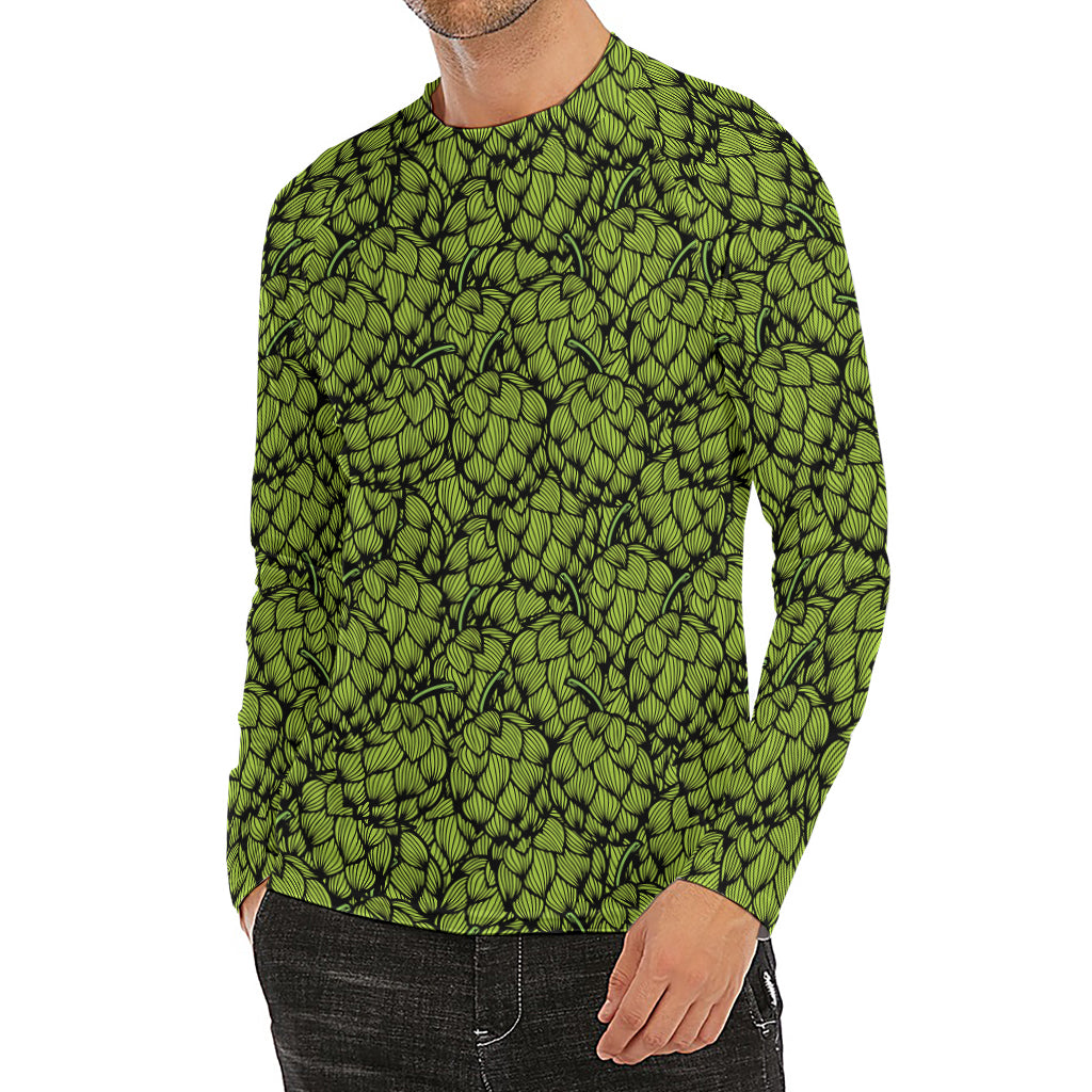 Green Hop Cone Pattern Print Men's Long Sleeve Rash Guard