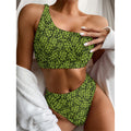 Green Hop Cone Pattern Print One Shoulder Bikini Set