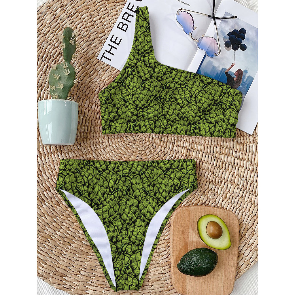 Green Hop Cone Pattern Print One Shoulder Bikini Top