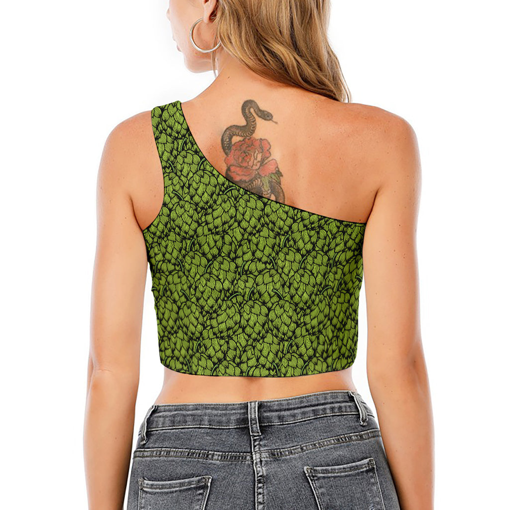 Green Hop Cone Pattern Print One Shoulder Crop Top