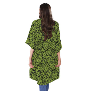 Green Hop Cone Pattern Print Open Front Beach Cover Up