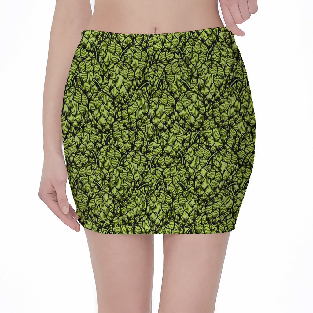 Green Hop Cone Pattern Print Pencil Mini Skirt