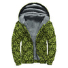 Green Hop Cone Pattern Print Sherpa Lined Zip Up Hoodie