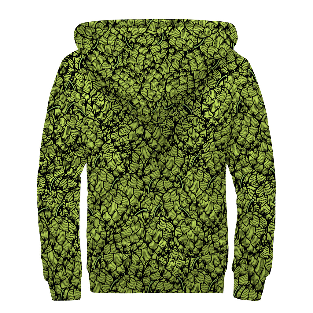 Green Hop Cone Pattern Print Sherpa Lined Zip Up Hoodie