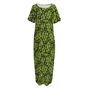 Green Hop Cone Pattern Print Short Sleeve Long Nightdress