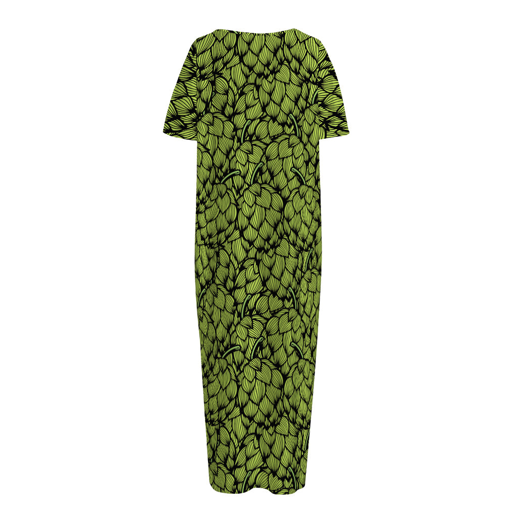 Green Hop Cone Pattern Print Short Sleeve Long Nightdress