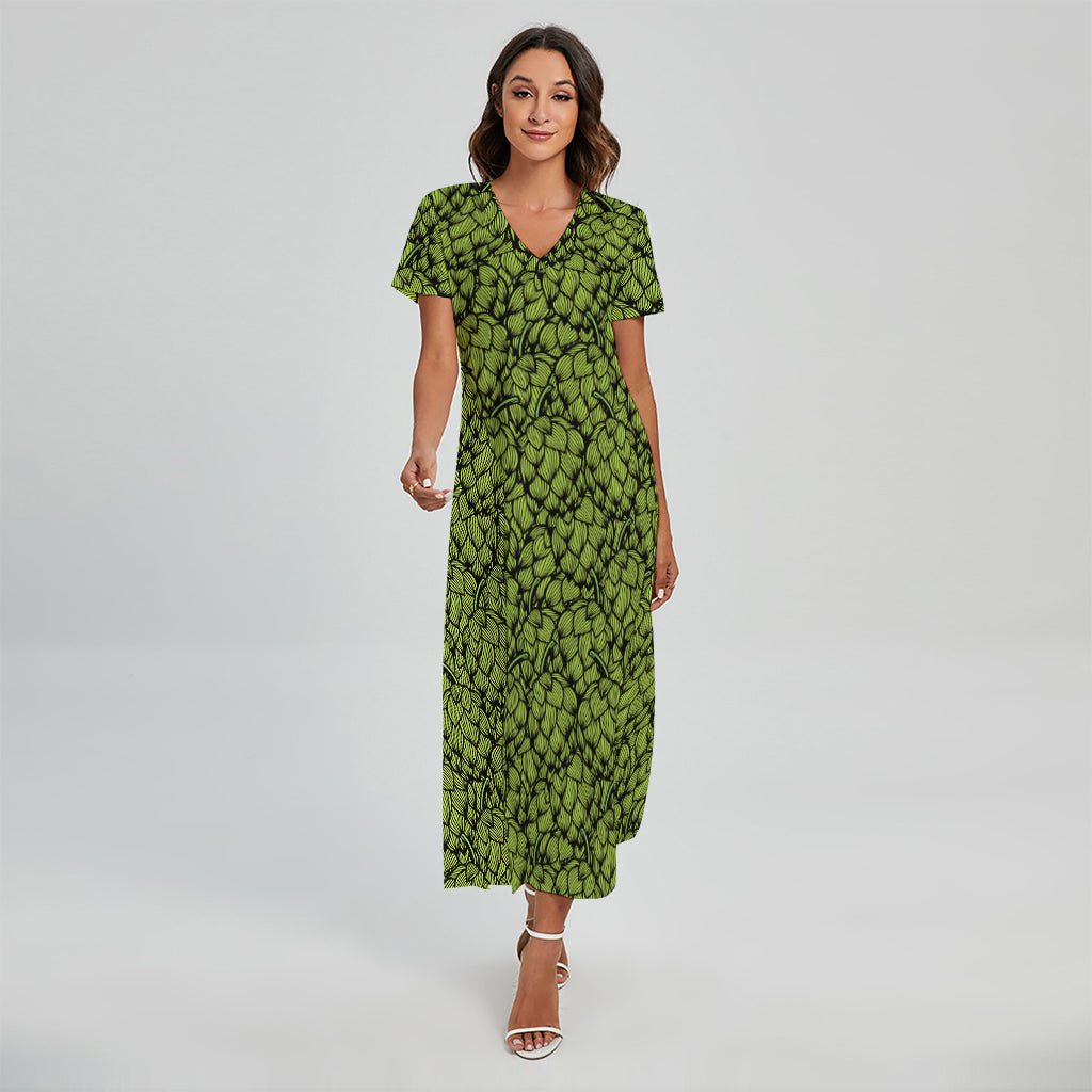 Green Hop Cone Pattern Print Short Sleeve Maxi Dress