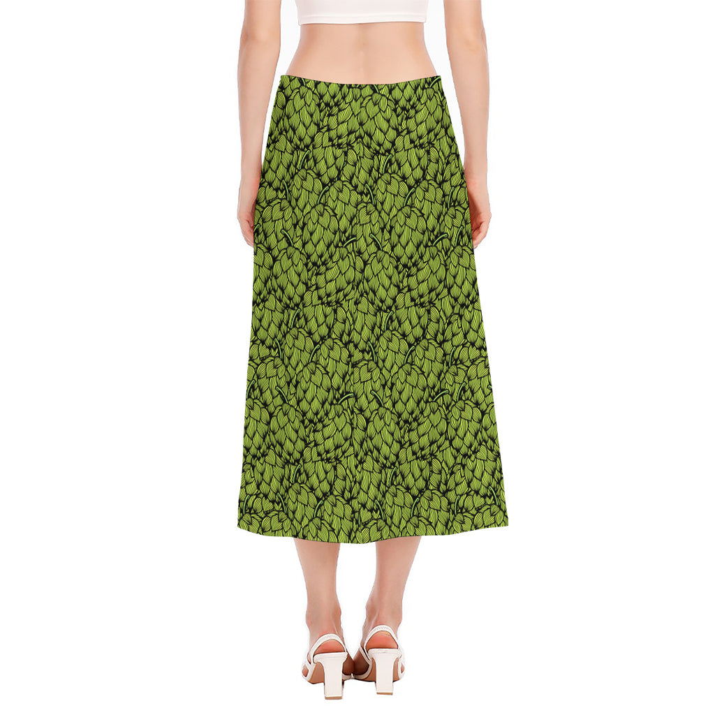 Green Hop Cone Pattern Print Side Slit Midi Skirt