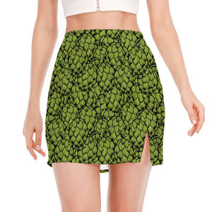 Green Hop Cone Pattern Print Side Slit Mini Skirt