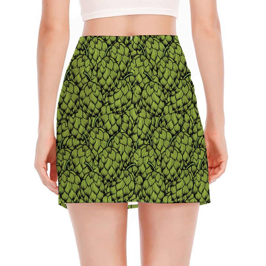 Green Hop Cone Pattern Print Side Slit Mini Skirt