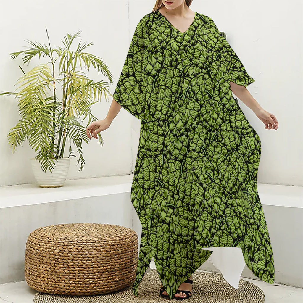 Green Hop Cone Pattern Print Silk V-Neck Kaftan Dress