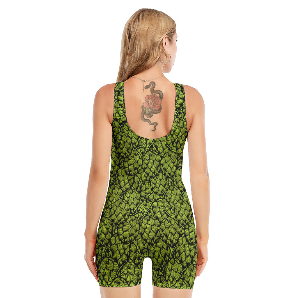 Green Hop Cone Pattern Print Sleeveless One Piece Swimsuit