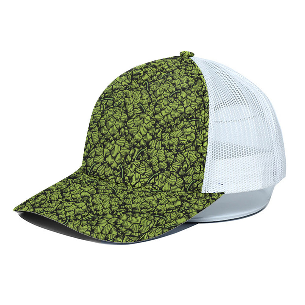 Green Hop Cone Pattern Print White Mesh Trucker Cap