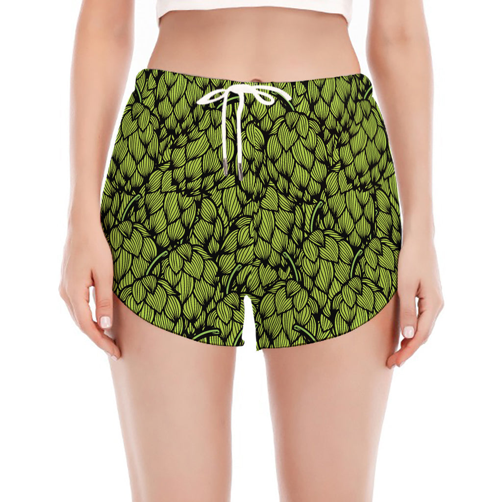 Green Hop Cone Pattern Print Women's Split Running Shorts