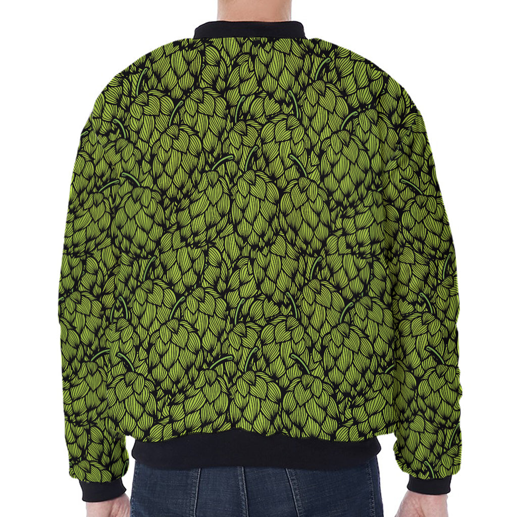 Green Hop Cone Pattern Print Zip Sleeve Bomber Jacket