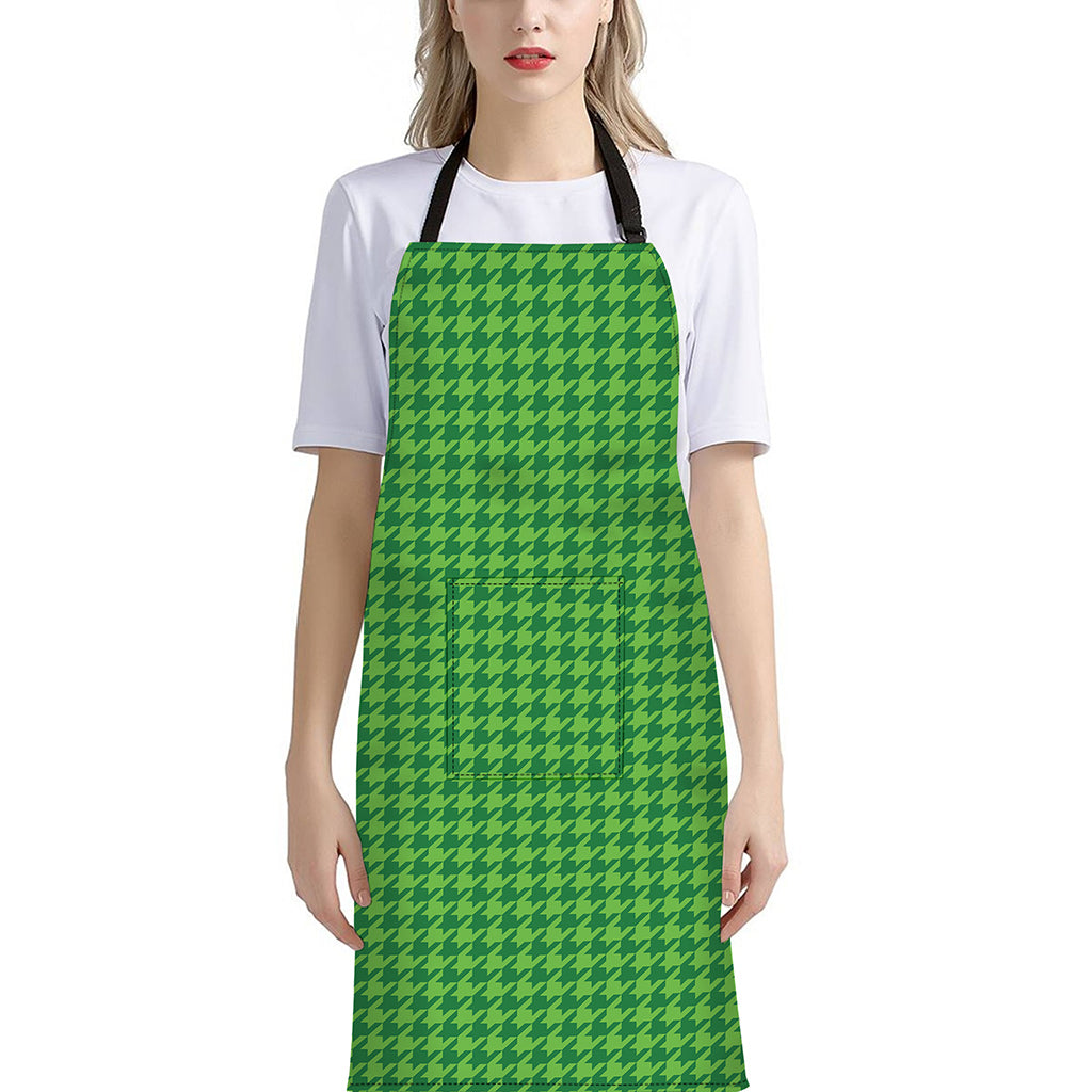 Green Houndstooth Pattern Print Bib Apron With Pocket