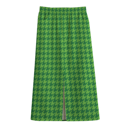 Green Houndstooth Pattern Print Cotton Front Slit Maxi Skirt