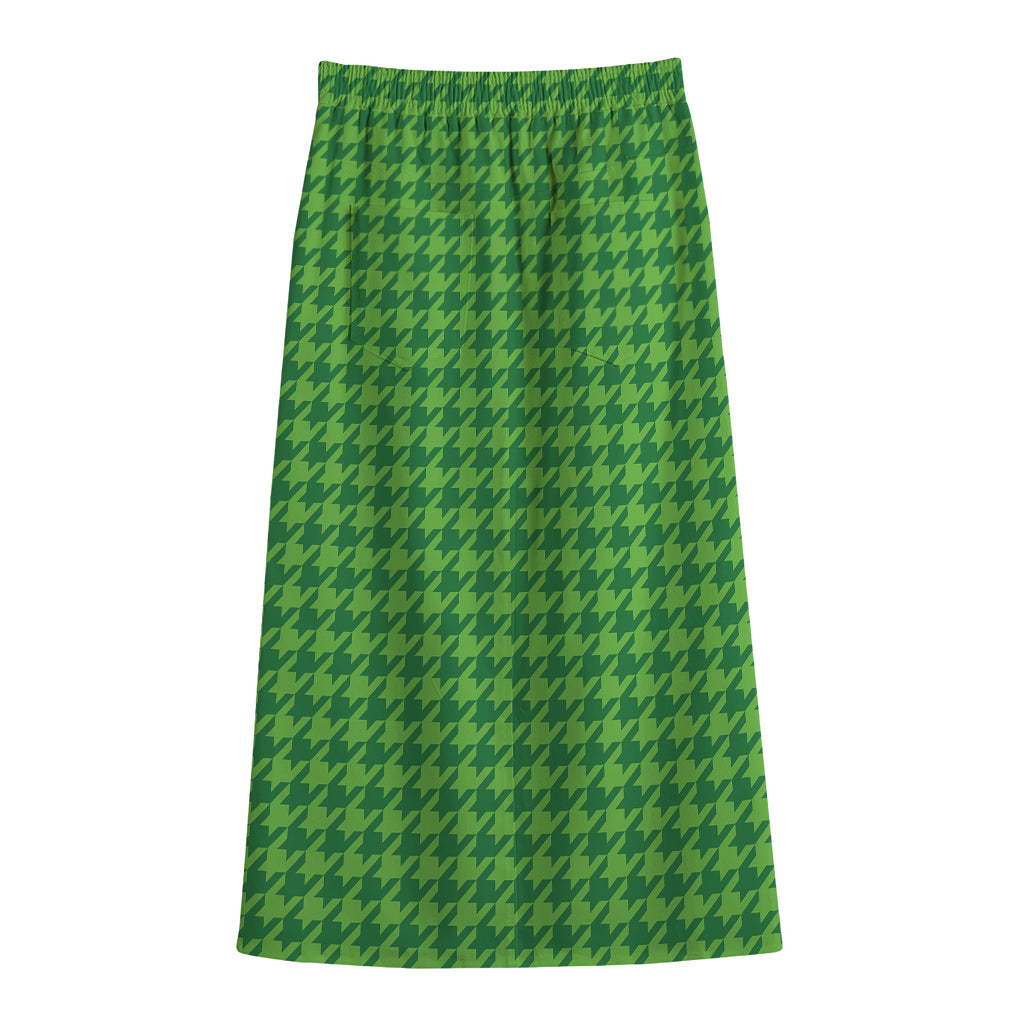 Green Houndstooth Pattern Print Cotton Front Slit Maxi Skirt