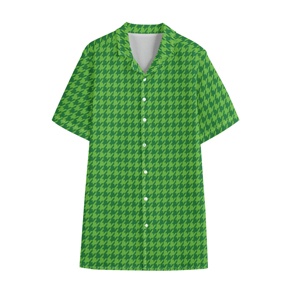 Green Houndstooth Pattern Print Cotton Hawaiian Shirt