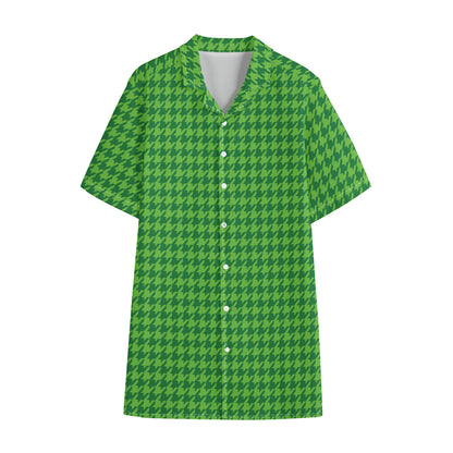 Green Houndstooth Pattern Print Cotton Hawaiian Shirt