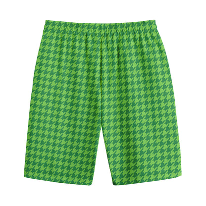 Green Houndstooth Pattern Print Cotton Shorts