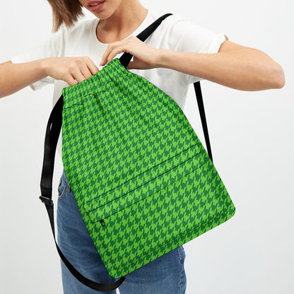 Green Houndstooth Pattern Print Drawstring Backpack