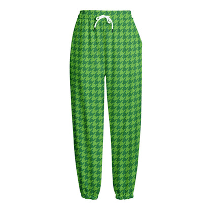Green Houndstooth Pattern Print Fleece Lined Knit Pants