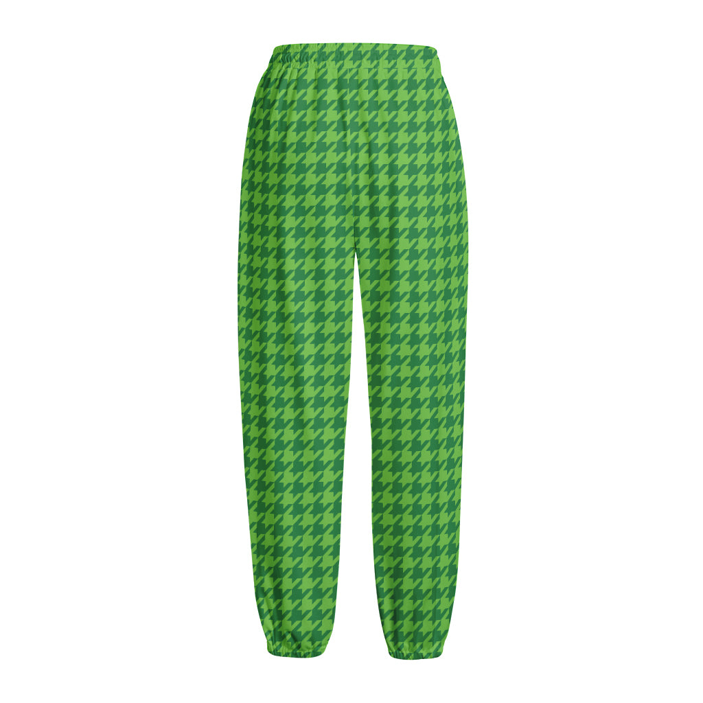 Green Houndstooth Pattern Print Fleece Lined Knit Pants