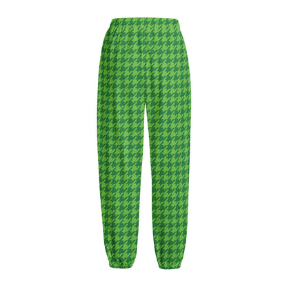 Green Houndstooth Pattern Print Fleece Lined Knit Pants