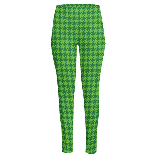 Green Houndstooth Pattern Print High-Waisted Pocket Leggings