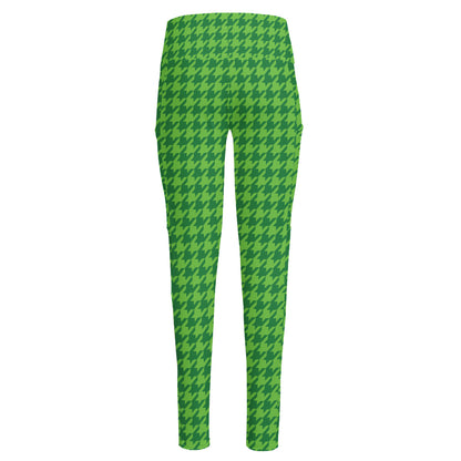 Green Houndstooth Pattern Print High-Waisted Pocket Leggings