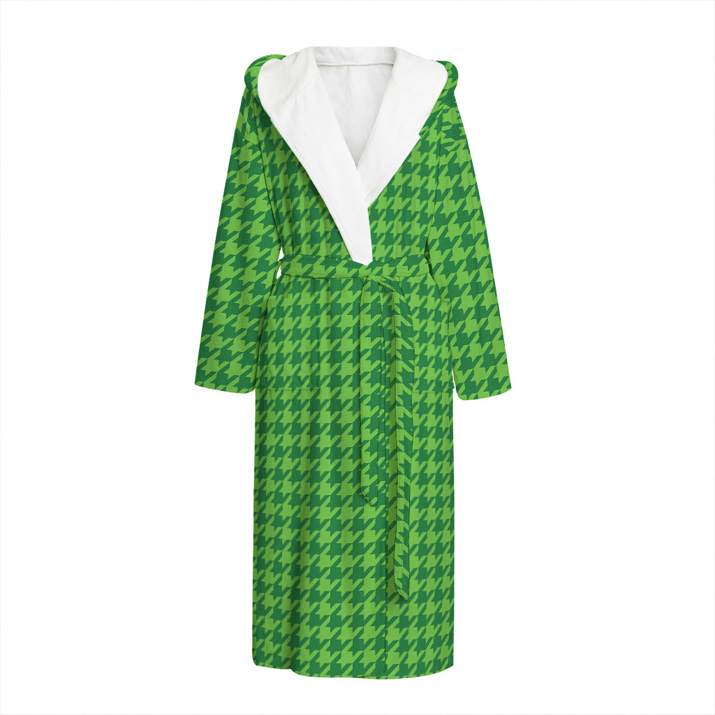Green Houndstooth Pattern Print Hooded Bathrobe