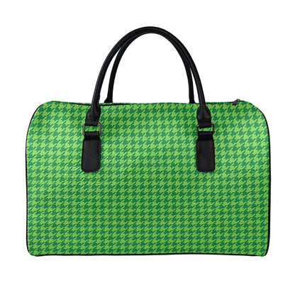 Green Houndstooth Pattern Print Leather Duffle Bag