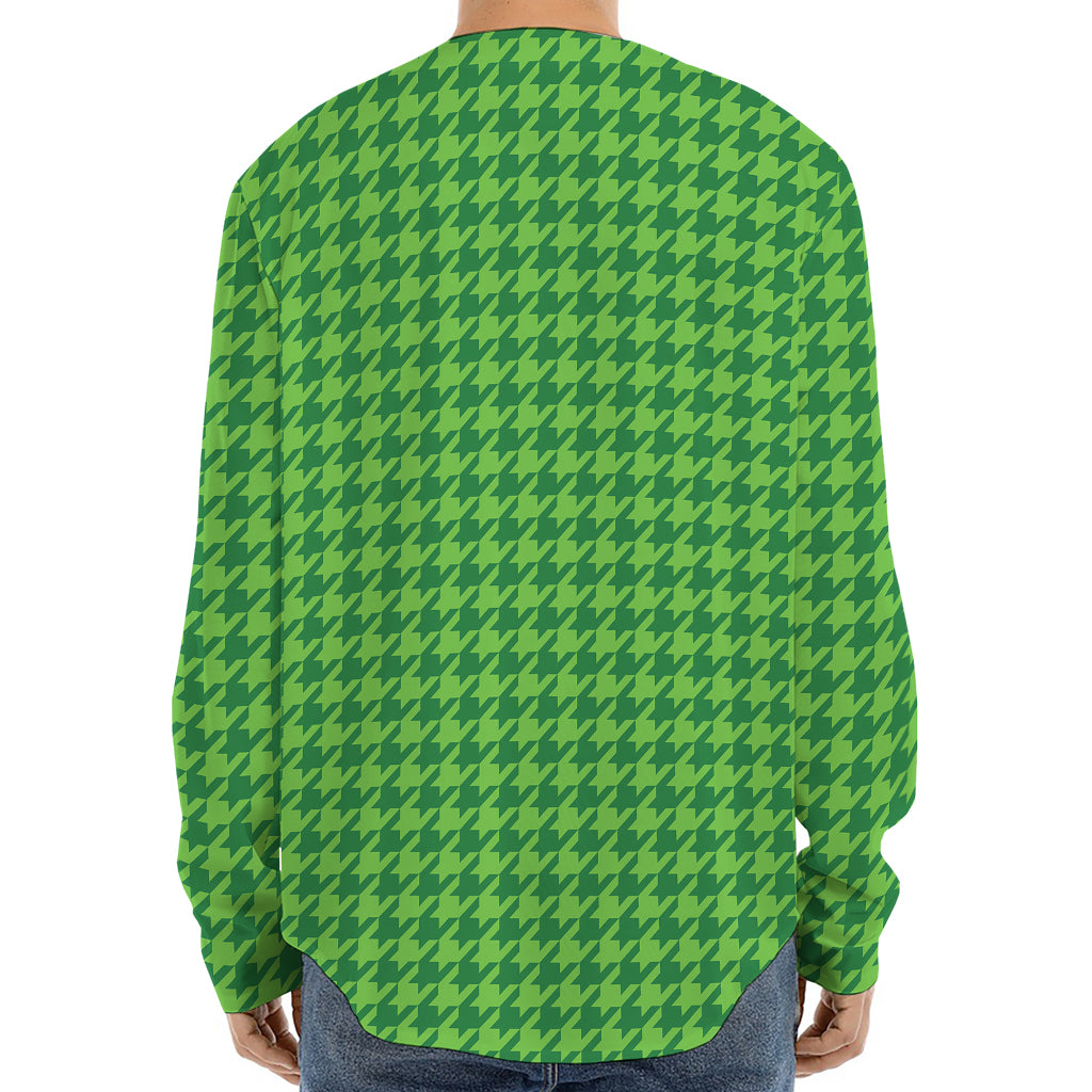 Green Houndstooth Pattern Print Long Sleeve Baseball Jersey