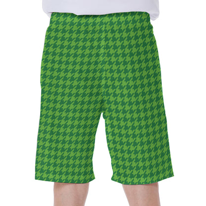 Green Houndstooth Pattern Print Men's Beach Shorts