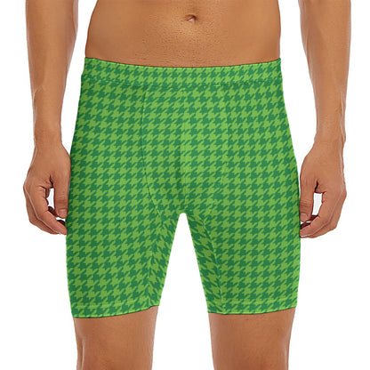 Green Houndstooth Pattern Print Men's Long Boxer Briefs