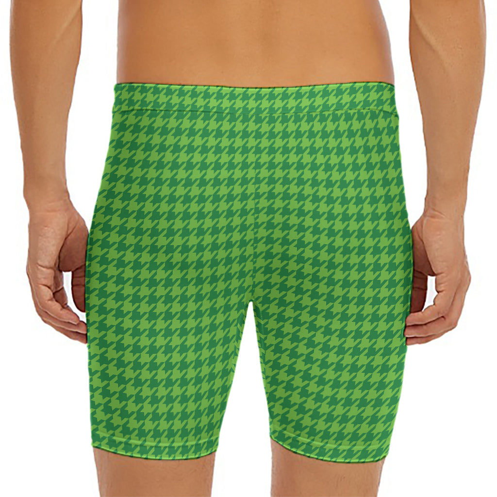 Green Houndstooth Pattern Print Men's Long Boxer Briefs