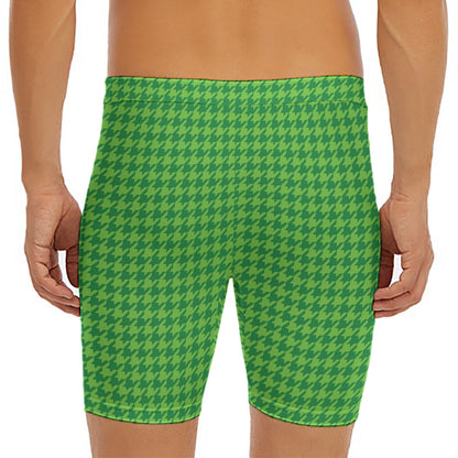 Green Houndstooth Pattern Print Men's Long Boxer Briefs