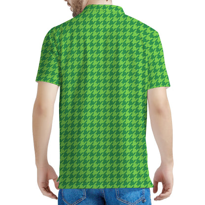 Green Houndstooth Pattern Print Men's Polo Shirt