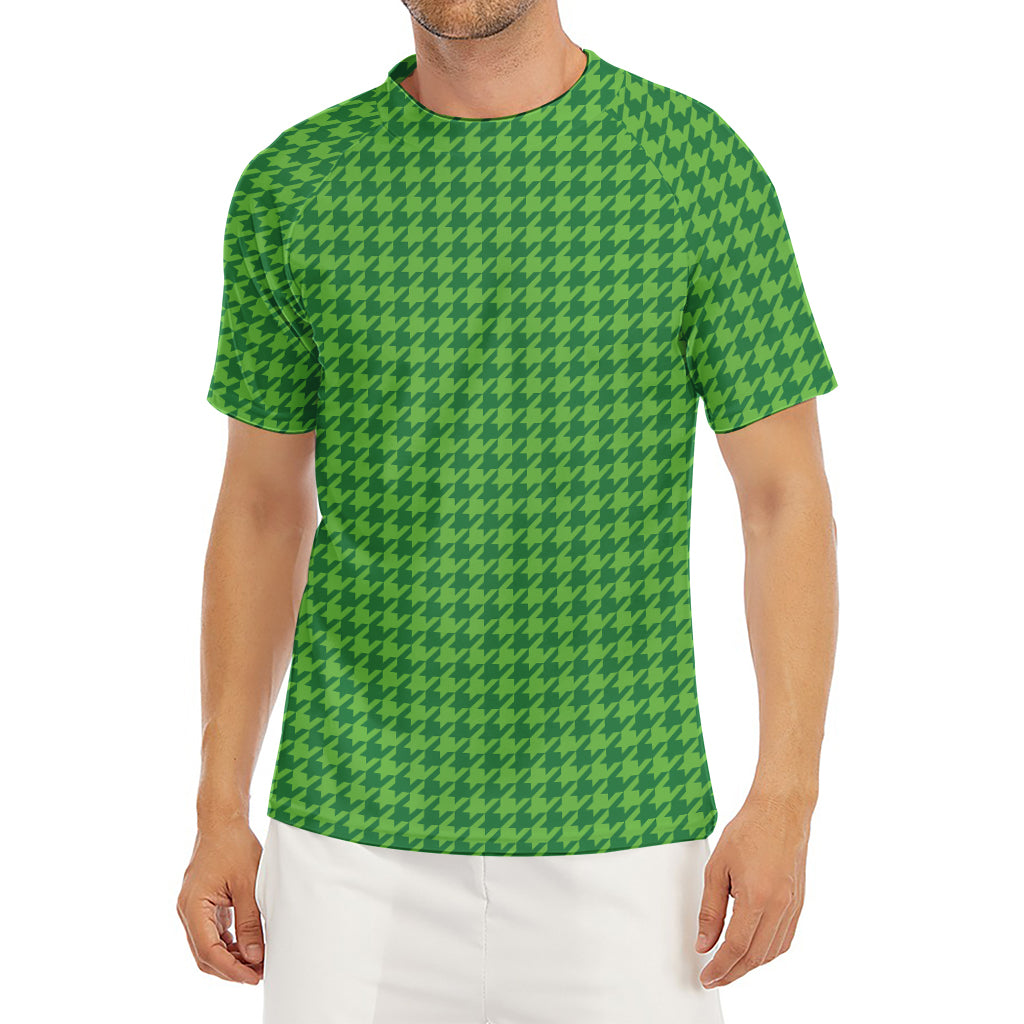 Green Houndstooth Pattern Print Men's Short Sleeve Rash Guard