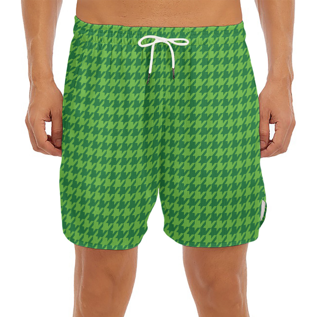Green Houndstooth Pattern Print Men's Split Running Shorts