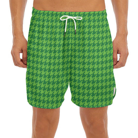 Green Houndstooth Pattern Print Men's Split Running Shorts